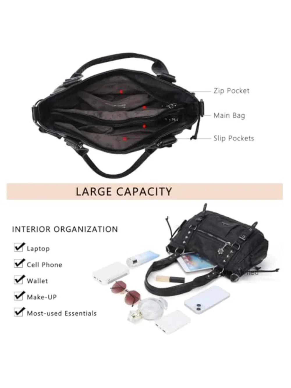 Vegan Leather Multi Pocket Hobo Satchel Tote Shoulder Bag